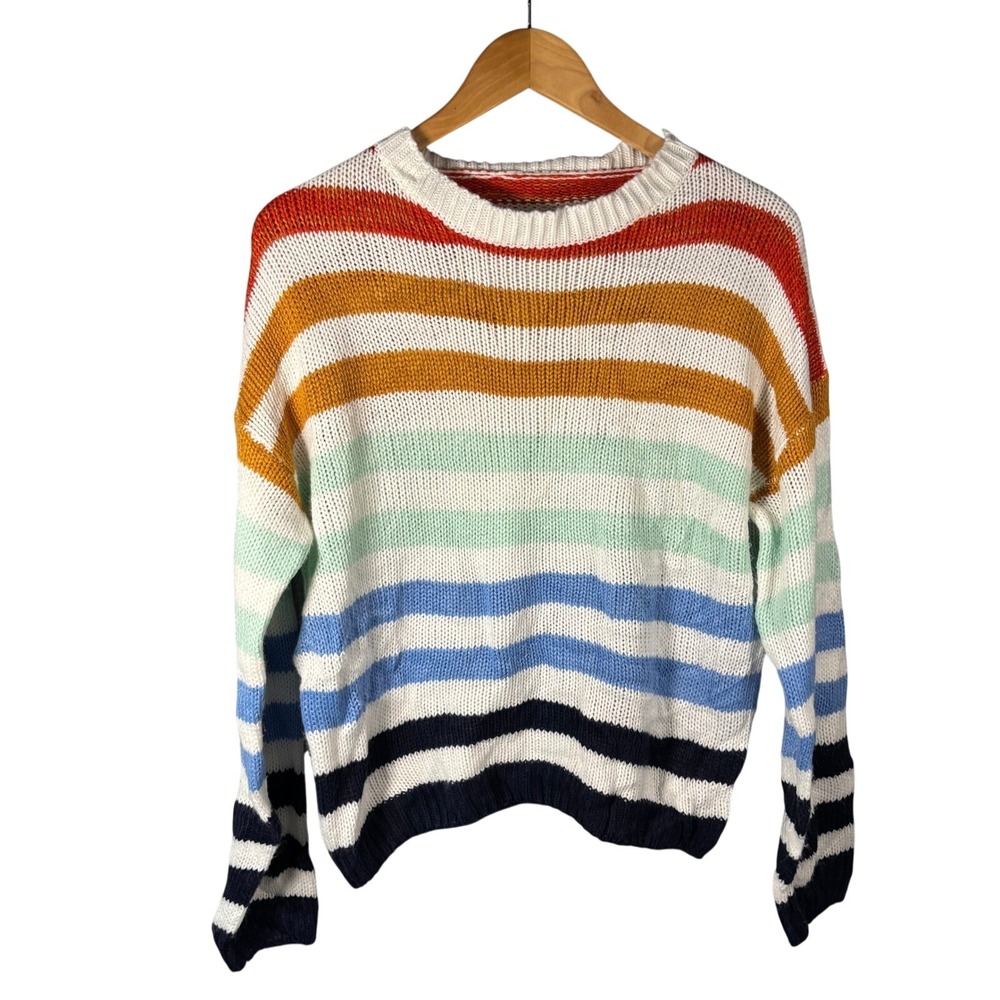 Womens Striped Knit Sweater Small Multi Color Crew Neck‎ Long Sleeve Acrylic